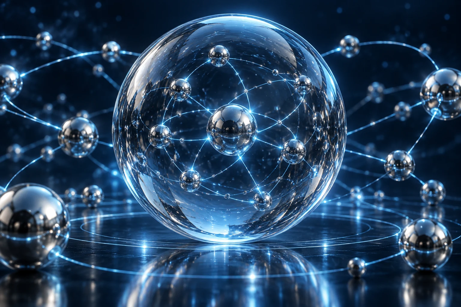 Clear glass sphere enclosing a network of silver nodes and blue energy filaments