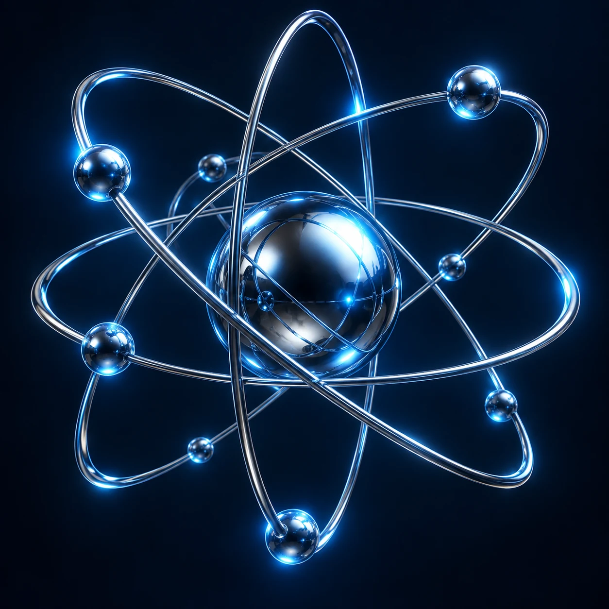 Polished chrome atomic nucleus surrounded by sweeping blue-lit orbital rings and electrons