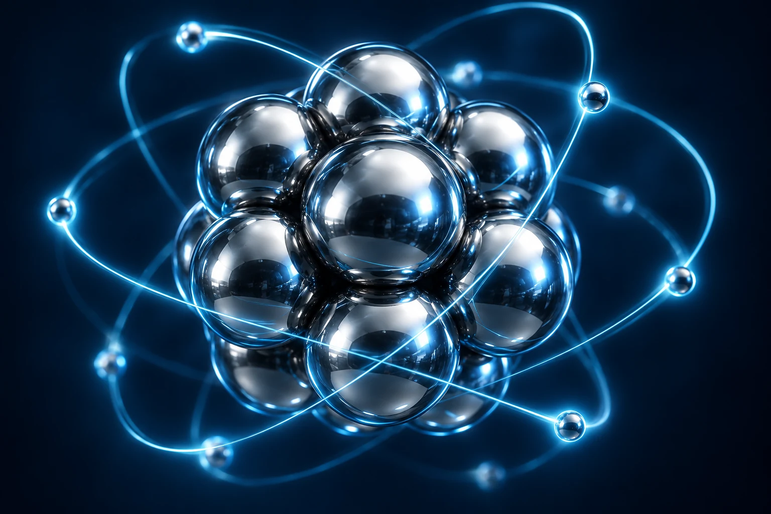 Clustered silver atomic nucleus wrapped in fine electric blue threads